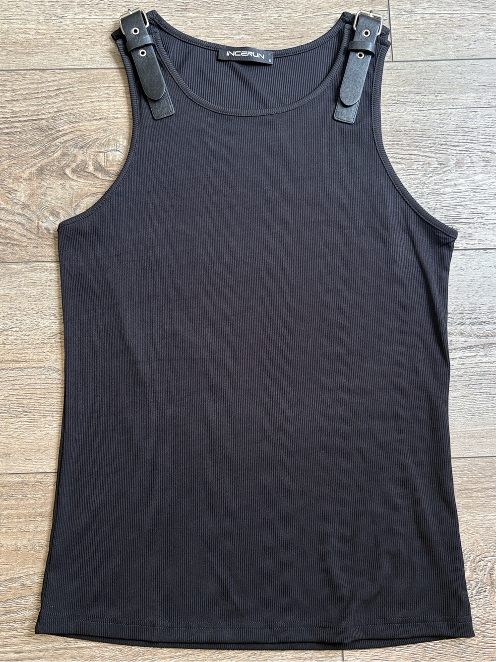 INCERUN Black Ribbed Tank Top w Faux-Leather Shoulder Buckle Shoulder Straps